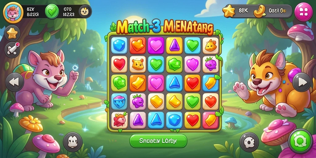 Tampilan seru gameplay Match-3 di 8ZK dengan objek warna-warni.