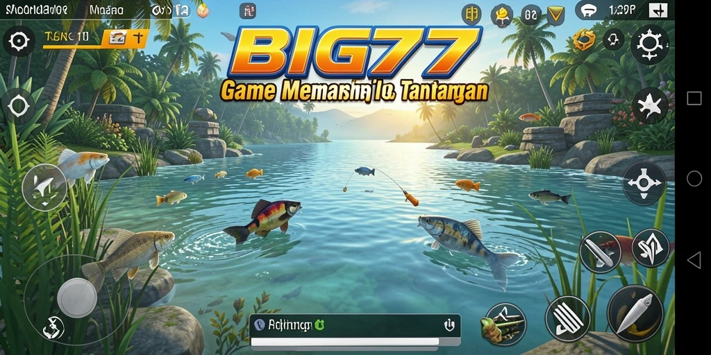 Tampilan gameplay BIG77 dengan berbagai jenis ikan dan alat pancing.