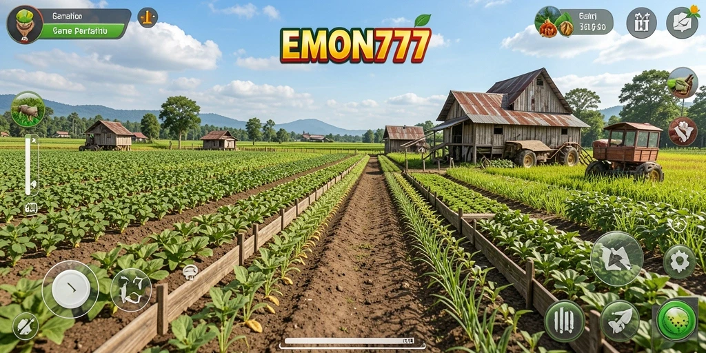 Screenshot utama EMON777 dengan gameplay bertema pertanian.
