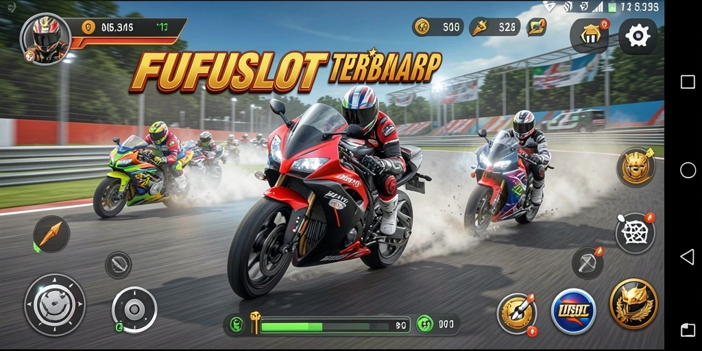 Tampilan gameplay FUFUSLOT yang intens di lintasan balap motor.