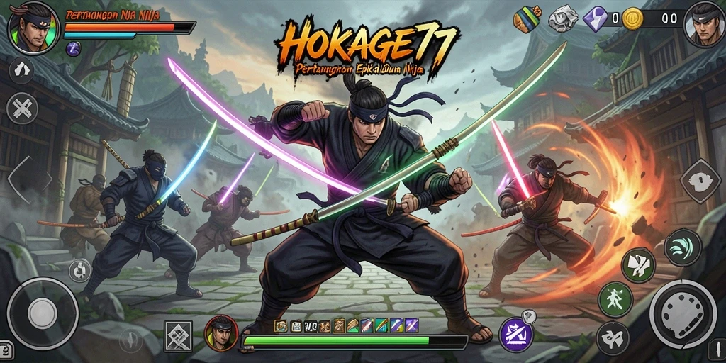 Tampilan aksi mendebarkan dalam HOKAGE77 saat karakter ninja bertarung.