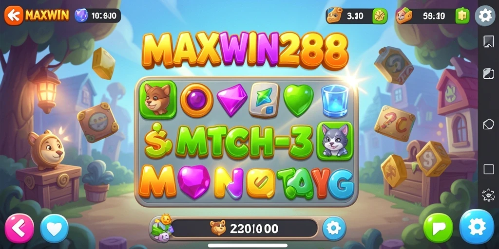 Screenshot gameplay <strong>MAXWIN288</strong> dengan suasana permainan Match-3 yang menarik.
